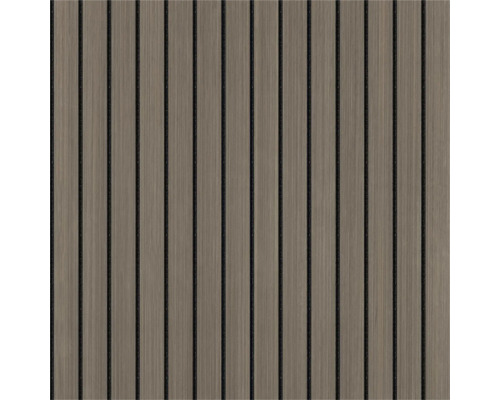 Wandpaneel in Graubraun mit vertikalen Lamellen und strukturierter Oberfläche aus Holz-Kunststoff-Verbundwerkstoff.