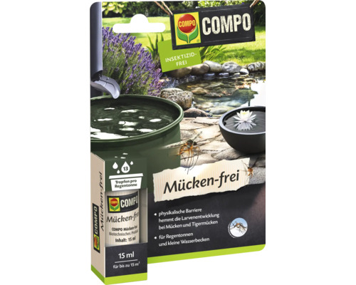 Compo Mücken-frei, insektizidfreies Mittel zur Bekämpfung von Mückenlarven in Regentonnen und kleinen Wasserbecken, 15 Milliliter Flasche.