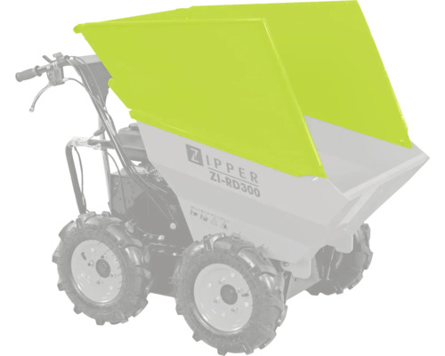 Zipper Rad-Dumper ZI-RD300 mit Allradantrieb, luftgefüllten Geländereifen und kippbarer Transportmulde mit Aufsatz.