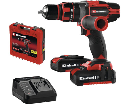Einhell Akku-Schlagbohrschrauber-Set mit zwei Power X-Change Akkus, Ladegerät und Transportkoffer.