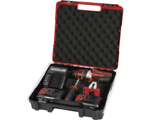 Einhell Akku-Bohrschrauber-Set im Koffer mit Akku-Bohrschrauber, zwei Akkus, Ladegerät und Handbithalter.