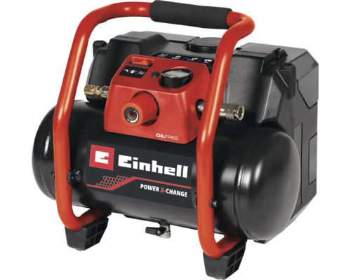 Tragbarer Einhell Akku-Kompressor der Power X-Change Serie, ölfrei, mit Manometer und Druckregler.
