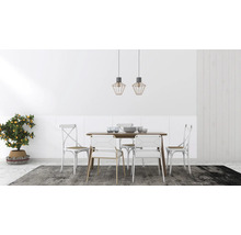 Helles Esszimmer mit Holztisch, weißen Stühlen, zwei Käfig-Pendelleuchten, einem Teppich und einem Zitronenbaum im Topf.