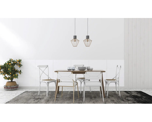 Helles Esszimmer mit Holztisch, weißen Stühlen, zwei Käfig-Pendelleuchten, einem Teppich und einem Zitronenbaum im Topf.