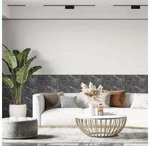 Modernes Wohnzimmer mit Sofa, Couchtisch, Zimmerpflanze und Wandpaneelen in Marmoroptik.