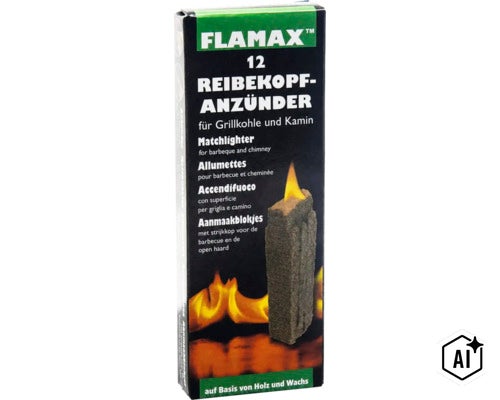 Flamax Reibekopfanzünder für Grillkohle und Kamin, Packung mit 12 Stück auf Basis von Holz und Wachs. (Image AI modified or generated)