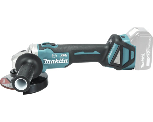 Makita Akku-Winkelschleifer mit bürstenlosem Motor, Zusatzhandgriff und 18 Volt Lithium-Ionen-Akku.
