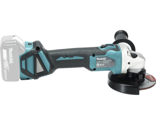 Makita Akku-Winkelschleifer DGA513 mit 18 Volt Lithium-Ionen Akku, 125 Millimeter Scheibendurchmesser und Zusatzhandgriff.