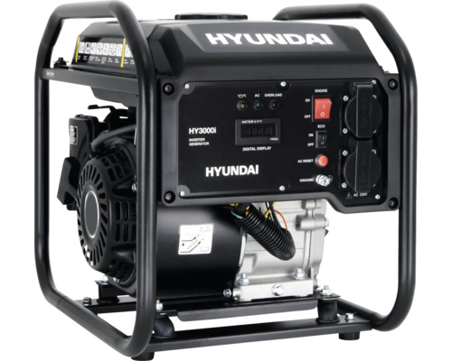 Inverter-Stromerzeuger Hyundai HY3000i mit digitalem Display, zwei Steckdosen und tragbarem Metallrahmen.