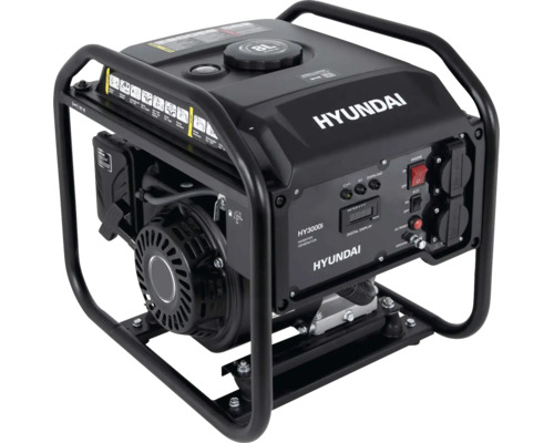 Hyundai Inverter-Stromerzeuger HY3000i mit schwarzem Metallrahmen, digitalem Display, Stromanschlüssen und circa 8 Liter Benzintank.