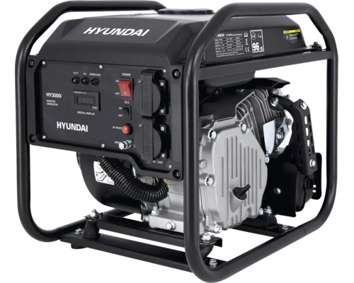 Tragbarer Inverter-Stromerzeuger Hyundai HY3000i in Schwarz und Silber mit robustem Metallrahmen, Bedienfeld und Digitalanzeige.