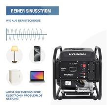 Inverter-Stromerzeuger Hyundai HY3000i mit reiner Sinuswelle für empfindliche Elektronik wie Laptops, Smartphones und Kühlschränke.