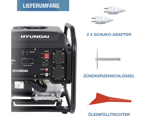 Hyundai Stromerzeuger mit Zubehör bestehend aus zwei Schuko-Adaptern, einem Zündkerzenschlüssel und einem Öleinfülltrichter.