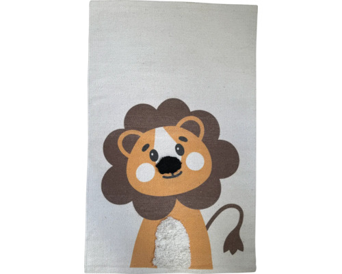 Kinderteppich in rechteckiger Form mit aufgedrucktem Löwenmotiv aus weichem Gewebe.