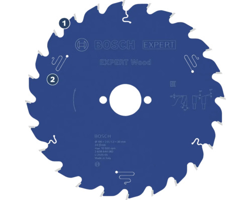 Bosch Kreissägeblatt Expert for Wood, Durchmesser 190 Millimeter, 24 Hartmetallzähne, für Holzarbeiten. Bosch Logo.