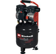 Einhell SilentPlus Kompressor mit Einhell Logo, schwarzem vertikalem Druckbehälter, zwei Manometern und rotem Tragegriff.