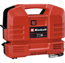 Roter Einhell tragbarer Kofferkompressor, ölfrei, maximal 8 bar Druck, mit Tragegriff, Druckluftschlauch und Schnellkupplung.