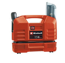Tragbarer Einhell Kompressor, ölfrei, maximal 8 bar Druck, integrierter Tragegriff, Zubehörfach und Reifenfüllmesser mit Manometer.