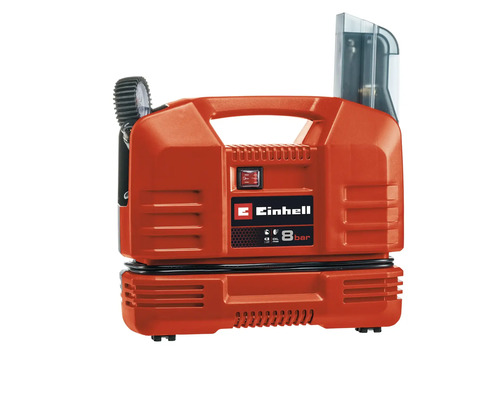 Tragbarer Einhell Kompressor, ölfrei, maximal 8 bar Druck, integrierter Tragegriff, Zubehörfach und Reifenfüllmesser mit Manometer.