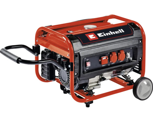 Einhell Stromerzeuger mit Einhell Logo, Rädern, Schiebegriff und zwei 230 Volt Steckdosen.