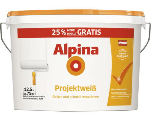 Alpina Innenfarbe Projektweiß, 12,5 Liter, matt, für circa 75 Quadratmeter, waschbeständig mit hoher Deckkraft.