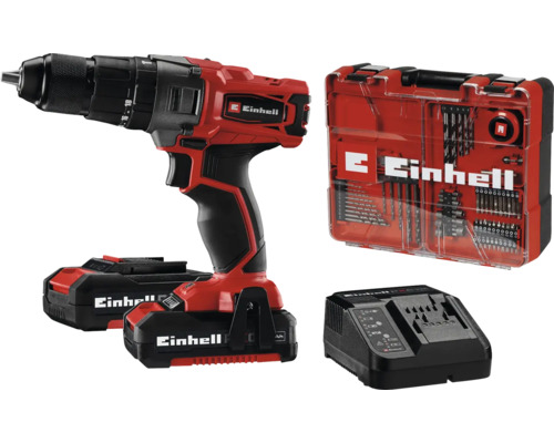 Einhell Akku-Bohrschrauber Set inklusive zwei Akkus, Ladegerät und Zubehörkoffer mit Bits und Bohrern.