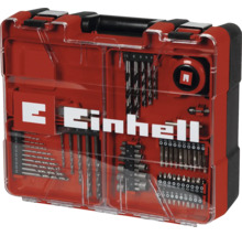 Einhell Werkzeug-Set in einem roten Kunststoffkoffer mit transparentem Deckel, bestückt mit verschiedenen Bohrern, Bits, Steckschlüsseln und Rollmaßband.