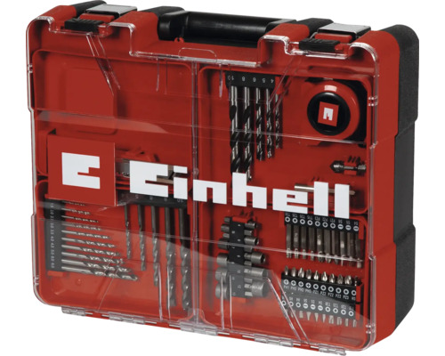 Einhell Werkzeug-Set in einem roten Kunststoffkoffer mit transparentem Deckel, bestückt mit verschiedenen Bohrern, Bits, Steckschlüsseln und Rollmaßband.