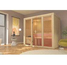 Moderne Indoor-Sauna aus hellem Holz mit Glasfront, Holzbänken und Saunaofen in einem wohnlichen Raum.