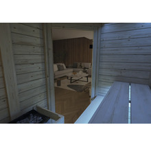 Blick aus einer Innensauna mit Holzwänden auf ein modern eingerichtetes Wohnzimmer mit Sofa Couchtisch und Parkettboden.