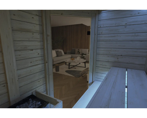 Blick aus einer Innensauna mit Holzwänden auf ein modern eingerichtetes Wohnzimmer mit Sofa Couchtisch und Parkettboden.