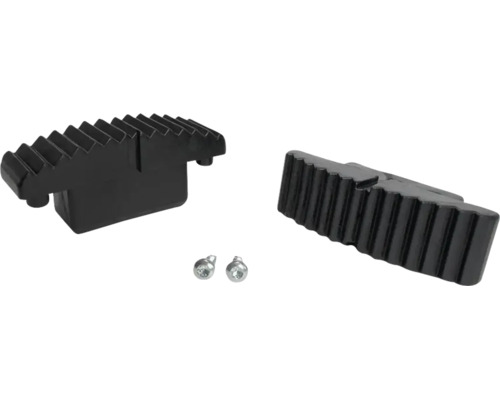 Spannbacken-Set aus Kunststoff mit geriffelter Oberfläche und zwei Schrauben.