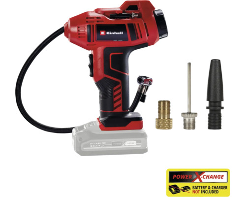 Einhell Akku-Autokompressor Power X-Change mit drei Adaptern, ohne Akku und Ladegerät.