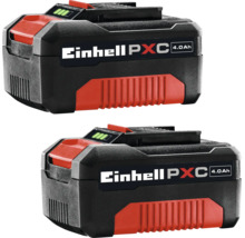 Zwei Einhell Power X-Change Akkus mit 4,0 Amperestunden Kapazität und Ladestandsanzeige für kabellose Werkzeuge.