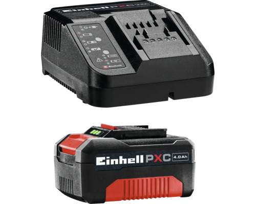 Einhell Power X-Change Starter Kit mit 4,0 Amperestunden Akku und Schnellladegerät für 18 Volt Werkzeuge.