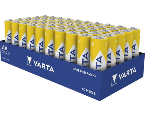 Varta AA Mignon Alkaline Batterien, 50 Stück in einer Vorratspackung, hergestellt in Deutschland.