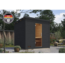 Gartensauna aus Holz mit Pultdach für den Außenbereich, inklusive Gütesiegel für Herstellung in Deutschland und Herstellergarantie.