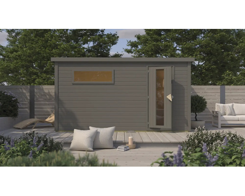 Modernes Gartenhaus aus Holz mit Flachdach, einem Fenster und einer Einzeltür auf einer Terrasse in einem gepflegten Garten.
