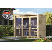 Karibu Garten Sauna aus Holz mit grosser Glasfront im Garten, inklusive Siegel für deutsche Qualität und fünf Jahre Garantie auf die Konstruktion