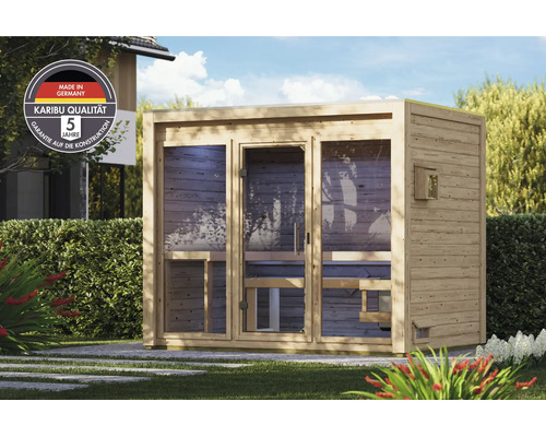 Karibu Garten Sauna aus Holz mit grosser Glasfront im Garten, inklusive Siegel für deutsche Qualität und fünf Jahre Garantie auf die Konstruktion