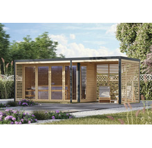 Gartensauna aus Holz mit Glasfront und integriertem überdachtem Lounge Bereich für den Außenbereich