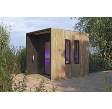 Moderne Garten-Sauna mit vertikaler Holzlattung, einer verglasten Tür und zwei schmalen Fenstern auf einer Holzterrasse im Garten.