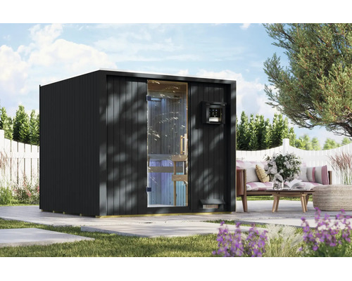 Moderne Außensauna aus Holz mit Glasfront auf einer Gartenterrasse.