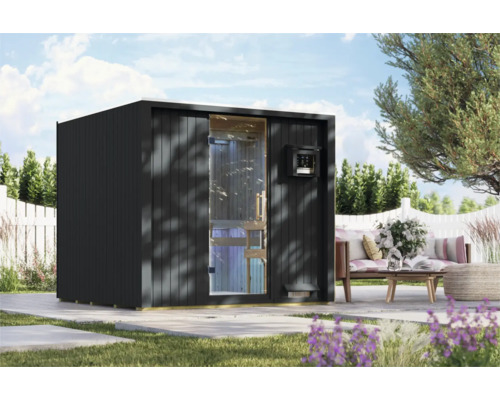 Moderne Außensauna aus Holz mit Glasfront und Steuerungseinheit, aufgestellt auf einer Garten Terrasse.