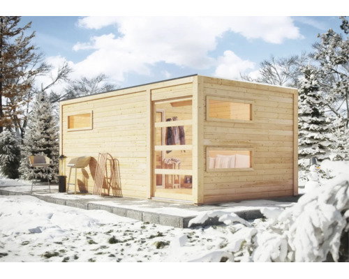 Moderne Gartenlaube aus Holz mit Flachdach und Panoramafenstern in winterlicher Landschaft.