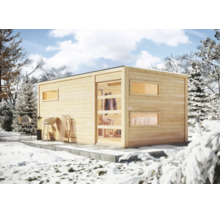 Moderne Gartenlaube aus Holz mit Flachdach und Panoramafenstern in winterlicher Landschaft.