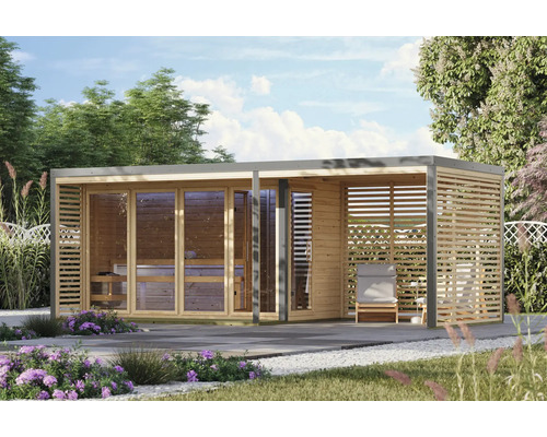 Moderne Gartensauna aus Holz mit Glasfront und integriertem überdachtem Bereich für Entspannung im Garten.