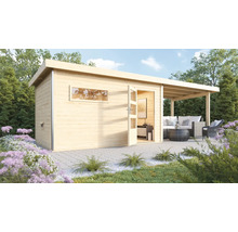Modernes Gartenhaus aus Holz mit Pultdach und integriertem Terrassendach im Garten