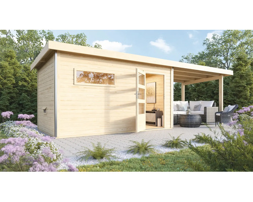 Modernes Gartenhaus aus Holz mit Pultdach und integriertem Terrassendach im Garten