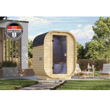 Karibu Fasssauna aus Holz für den Garten mit fünf Jahren Garantie auf die Konstruktion und Herkunft aus Deutschland.